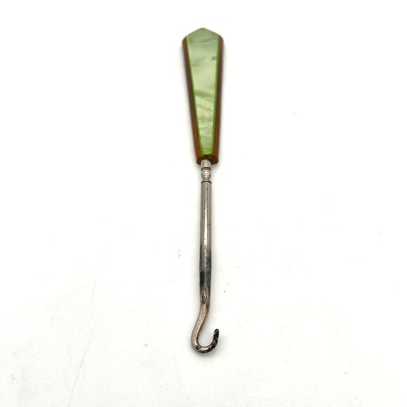 Vintage Victorian Era Bakelite Button Hook Tool Metal Shaft Pearl Green & Brown - Picture 7 of 9